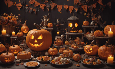 Sticker - Trick or treat party and Pumpkin Jack-O-Lantern surrounded by halloween decor