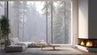 © Fang - Spacious minimalist room with fireplace and floor to ceiling window with foggy forest view. Scandinavian home interior design of modern living room Generative AI