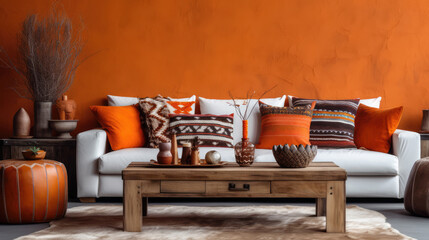 Wall Mural - Rustic wooden coffee table near white sofa with orange leather pillows. Farmhouse, ethnic, boho style home interior design of modern living room Generative AI