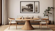 Round wooden dining table and rustic chairs against beige sofa near wall with art frame. Japandi interior design of modern dining room Generative AI