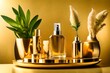 Close up composition of perfume bottle on gold mirror stainless plate and artificial plant in gold stainless vase both place on tint brown mirror table / close up / object isolated / gold concept 