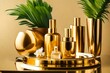 Close up composition of perfume bottle on gold mirror stainless plate and artificial plant in gold stainless vase both place on tint brown mirror table / close up / object isolated / gold concept 