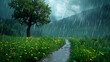 Spring and rainy season natural landscape. Beautiful flowers and tree scenery with a small pedestrian pathway