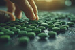Hand grab green pill from a pile, drug, medicine, health concept