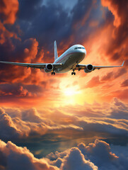 Wall Mural - Airplane flying above the dramatic sea of cloud in sunset