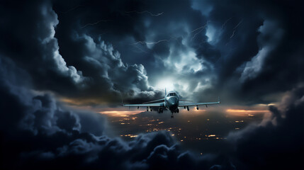 Wall Mural - Airplane flying above the storm clouds at night