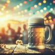 Closeup view of a beer mug during a festive celebration, blurred background 