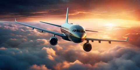 Wall Mural - Airplane flying above the sea of cloud in sunset