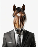 Fototapeta Motyle - Man in suit with striped tie and horse head photoshopped onto his body.