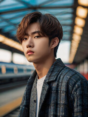 Wall Mural - young male model at train station 1