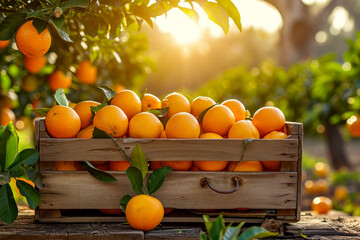 Poster - Wooden crate is full of oranges with some oranges overflowing from the edges.