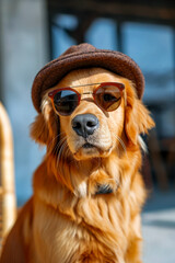 Canvas Print - Dog wearing hat and sunglasses looking at something.