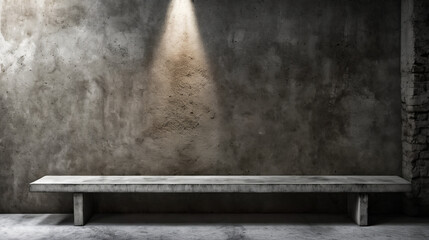 Canvas Print - Concrete bench is in front of rough wall with some light shining on it.