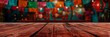 An empty old wooden table with festive decor and Mexican holiday lighting in soft focus in the background. A festive banner with more space for text or product.