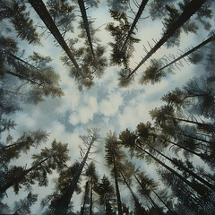 Wall Mural - creates an image that shows the crowns of a pine forest seen from the pass upwards