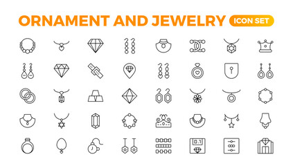 Ornament & Jewelry icon set . Simple Set of Jewelry Related Vector Line Icons. Contains such Icons as Earrings, Body Crosses, and Engagement rings. Outline icon collection.