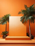 Fototapeta Mapy - Empty podium for demonstration and installation of product on orange background with palm trees and tropical plants and sunlight, on theme of relaxation and travel to tropics, summer, beach resort.