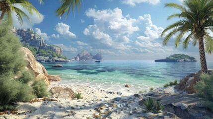 Wall Mural - Beach with palm trees, turquoise water, and a sunny sky