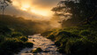 Mountain Sunrise with Misty River View