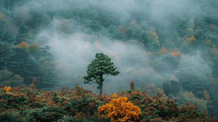 Poster - Foggy Forest Landscape with Trees and Misty Sky