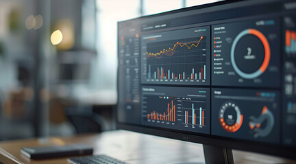 a close-up view of a computer monitor displaying an analytics dashboard with various metrics and graphs