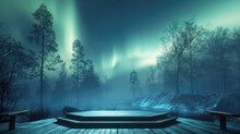 Northern Lights With Green Shades, Stepped Platform Made Of Wood, Beautiful Lake With Fog, Night Time. Rocky Hill, Forest Trees. Terrace For Outdoor Recreation.