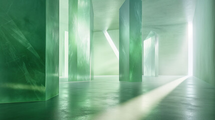 The space is entirely made of transparent emerald in a bright room. Image for presentation and placement of advertising, people, products, goods. Rays, green texture