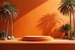 Empty podium for demonstration and installation of product on orange background with palm trees and tropical plants and sunlight, on theme of relaxation and travel to tropics, summer, beach resort.