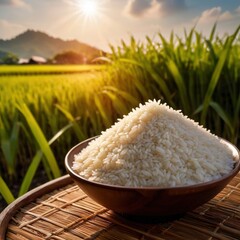 Grains of rice with a background of padi field for farm agriculture