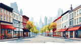 Fototapeta Uliczki - A bustling city street with shops and cafes. flat vector