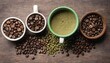 Various types coffee. Green raw coffee, ground coffee, roasted coffee beans