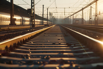 Wall Mural - overground rail track on the iron pillars with a fast train, 