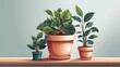 Popular Potted plants illustration on solid background, in pots - philodendron, ficus, alokasia