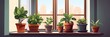Popular Potted plants illustration On the window sill of the house window, in pots - philodendron, ficus, Monstera. 
