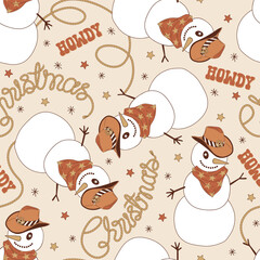 Wall Mural - Groovy Howdy Christmas snowman cowboy in hat and bandana vector seamless pattern. Hand drawn retro Xmas December 31 holiday season wild west aesthetic background. Perfect for gifts wrapping paper