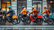 Delivery workers traveling on bikes, motorcycles.