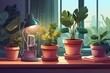 Popular Potted plants illustration of the house window, in pots grown under a full-spectrum phytolamp for plants- philodendron, ficus, Monstera. 