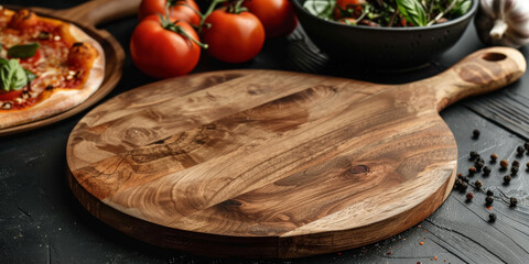 a round wooden pizza board with handle, Chopping board. Empty round wooden cutting board on dark background, top view, flat lay