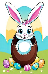 Wall Mural - A cute Easter bunny with a basket of chocolate eggs and spring flowers is an illustration of a children character, a traditional holiday card on a colored background.