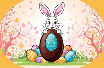 Wall Mural - A cute Easter bunny with a basket of chocolate eggs and spring flowers is an illustration of a children character, a traditional holiday card on a colored background.