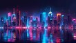 A city skyline is reflected in the water, with neon lights illuminating the buildings. Scene is vibrant and energetic, with the neon lights creating a sense of excitement and movement