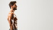 © seogi - A muscular male fitness model showing off his defined abs and beard stands shirtless and poses showing his profile. Male bodybuilder athlete, fitness model, copy space, white studio. Generative AI