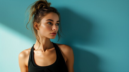 A female model wearing a black tank top is leaning against a blue wall and looking to the side. Sports clothing fitness model, athlete. Light and shadows. Face Side closeup. Copy space. Generative AI