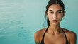 Attractive and sexy swimsuit model with body submerged in swimming pool water. Swimming athlete. Look at the camera. Face closeup. copy space. Generative AI