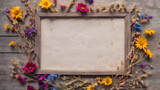 Fototapeta  - Frame and wooden background with dried flowers with empty space for greeting message.  Love and greeting concept design. AI generated image, ai