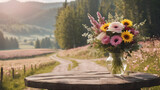 Fototapeta  -  Flower bouquet in vase on wooden plunks with a nature landscape  background . AI generated image, ai