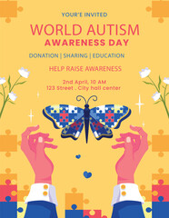  Creative Poster Set Or Flyer or Banner Set Of World Autism Awareness Day. Autism awareness concept with hand of puzzle pieces as symbol of autism, illustration banner or poster of World autism awarene