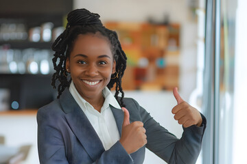 Wall Mural - Black businesswoman with dreadlocks showing thumb up