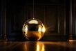 Golden disco ball in a dark empty room. Reflections of light on a disco ball Generative AI