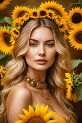 Poster - A woman with long blonde hair is wearing a yellow flower crown and necklace. She is surrounded by yellow sunflowers